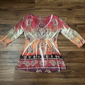 Maroon Orange Y2K Tie Dye Paisley Top Babydoll Small Fairycore boho Y2K Coquette